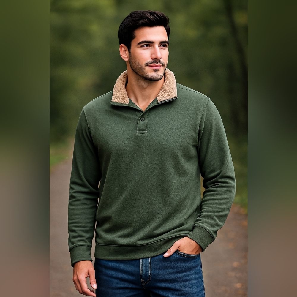 @) Falls Creek Men’s XLT Sherpa-Collar Pullover Sweatshirt Army Green Warm Fleec